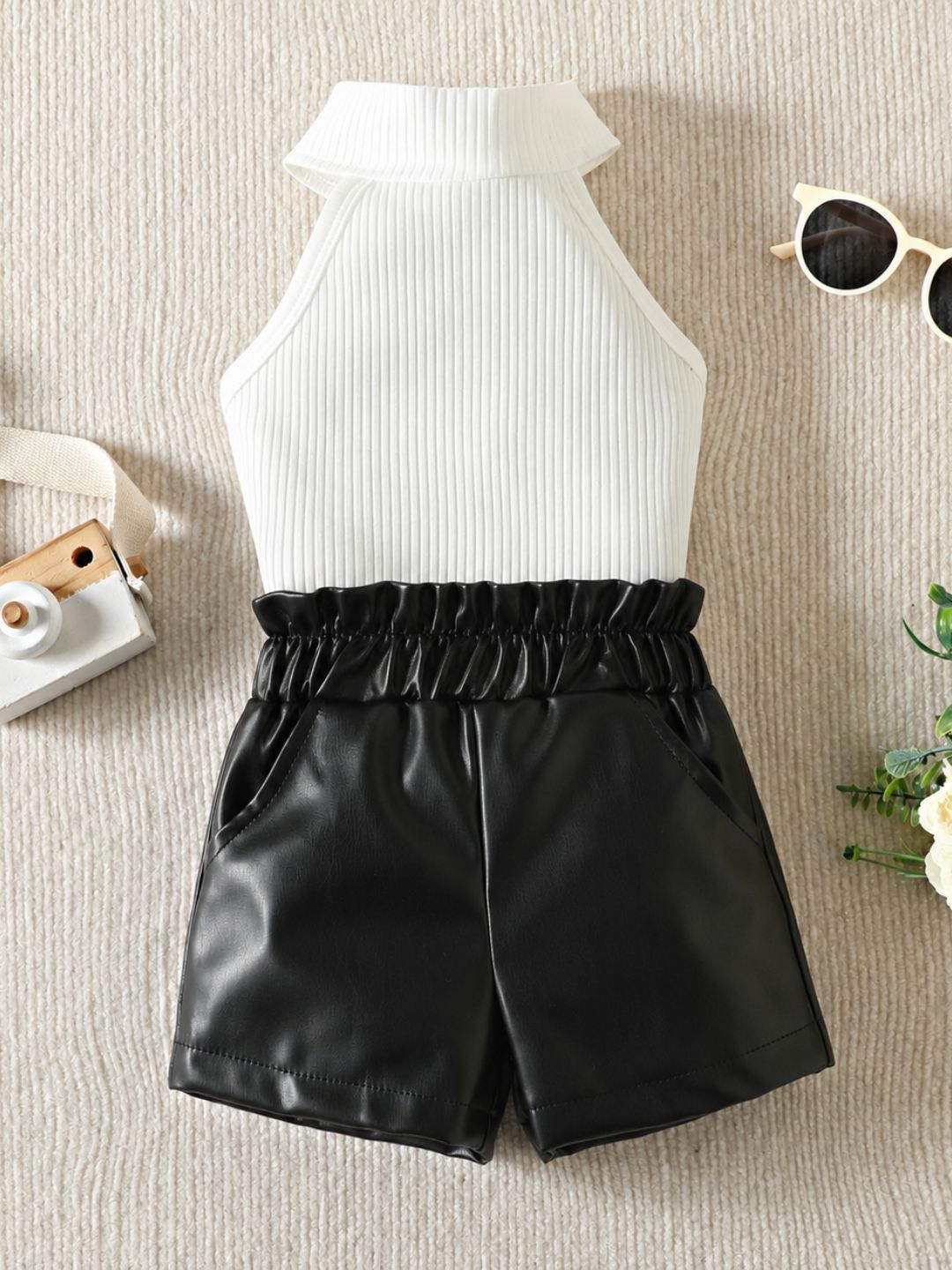 Googo Gaaga Girls White Ribbed High-Neck Top with Black Faux Leather Shorts Set