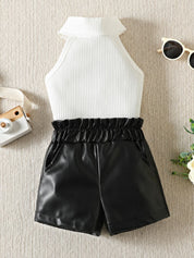 Googo Gaaga Girls White Ribbed High-Neck Top with Black Faux Leather Shorts Set