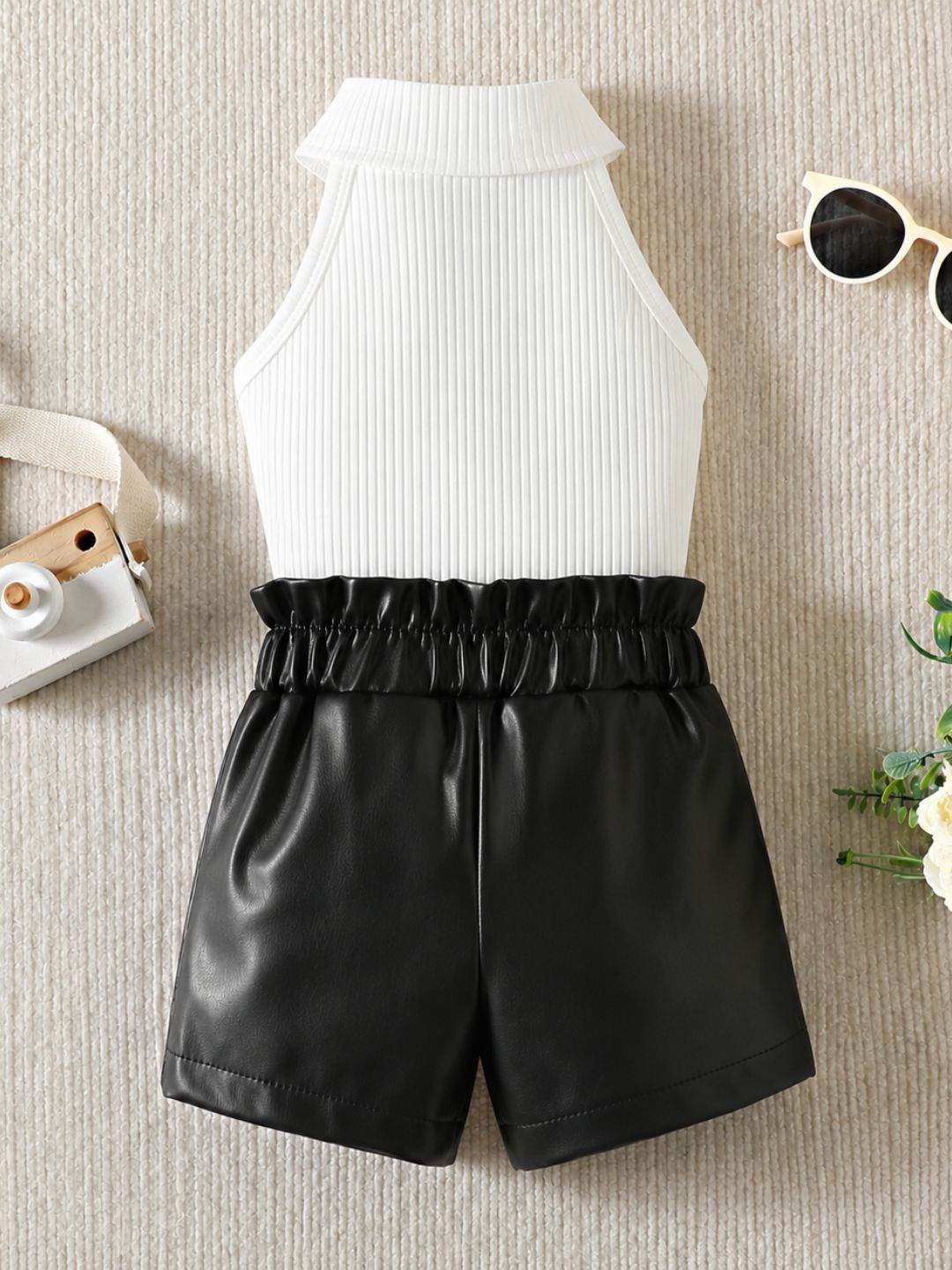 Googo Gaaga Girls White Ribbed High-Neck Top with Black Faux Leather Shorts Set