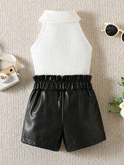 Googo Gaaga Girls White Ribbed High-Neck Top with Black Faux Leather Shorts Set