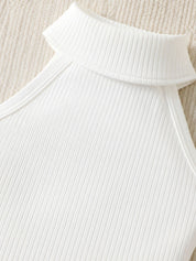 Googo Gaaga Girls White Ribbed High-Neck Top with Black Faux Leather Shorts Set
