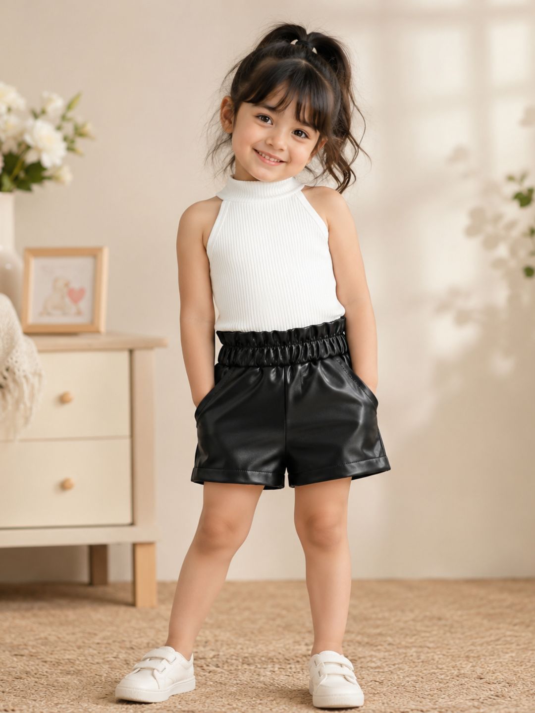 Googo Gaaga Girls White Ribbed High-Neck Top with Black Faux Leather Shorts Set
