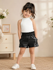 Googo Gaaga Girls White Ribbed High-Neck Top with Black Faux Leather Shorts Set