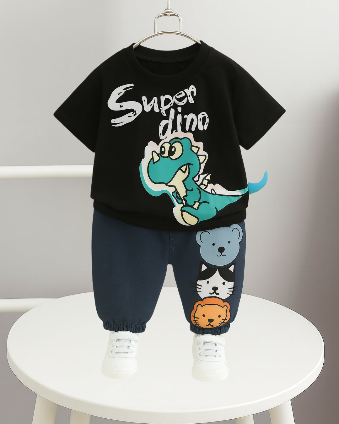 Boy's Cotton Dino Printed Tshirt with Pant in Black