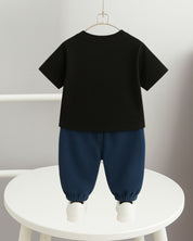 Boy's Cotton Dino Printed Tshirt with Pant in Black