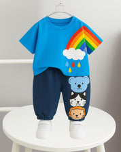 Boy's Cotton Rainbow Printed Tshirt with Pant in Blue