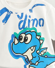 Boy's Cotton Dino Printed Tshirt with Pant in White