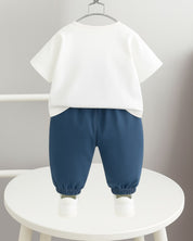 Boy's Cotton Dino Printed Tshirt with Pant in White