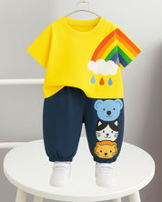Boy's Cotton Rainbow Printed Tshirt with Pant in Yellow
