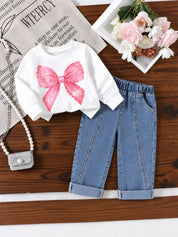 Googo Gaaga Girls White Pink Bow Print Sweatshirt with Blue Denim Jeans Set