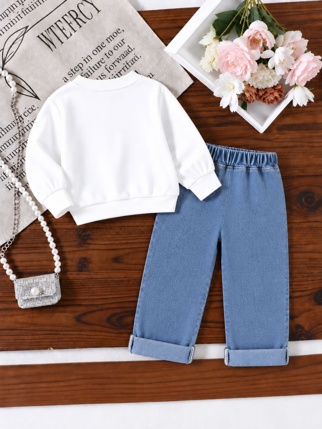 Googo Gaaga Girls White Pink Bow Print Sweatshirt with Blue Denim Jeans Set