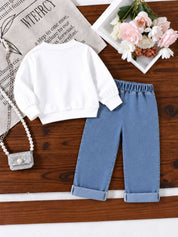 Googo Gaaga Girls White Pink Bow Print Sweatshirt with Blue Denim Jeans Set