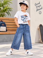 Googo Gaaga Boys Skate Mode Dinosaur Printed T-Shirt & Baggy Denim Jeans Co-Ord Set – White & Blue
