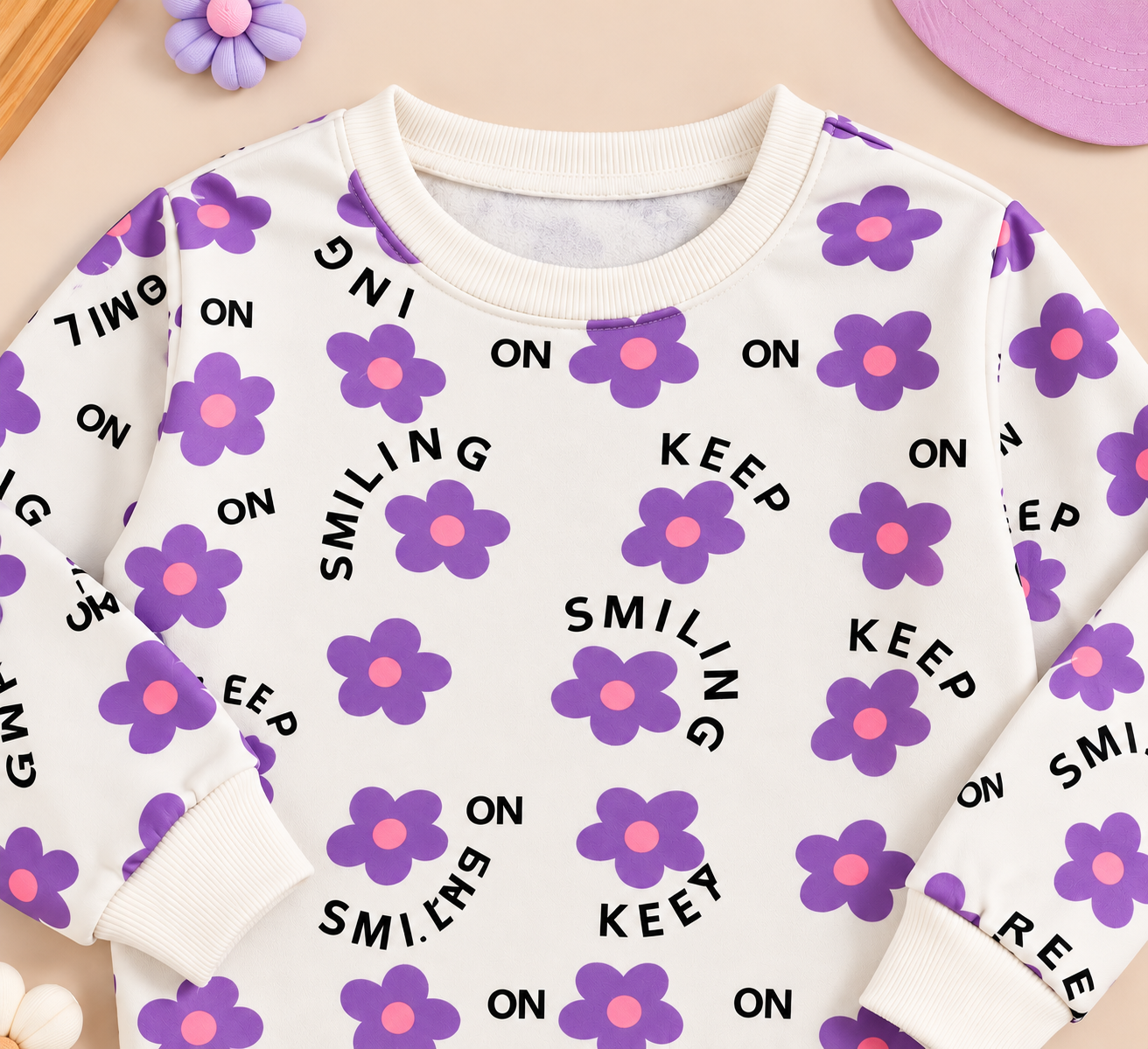 Googo Gaaga Girls Floral Printed Sweatshirt & Jogger Co-Ord Set – White & Purple