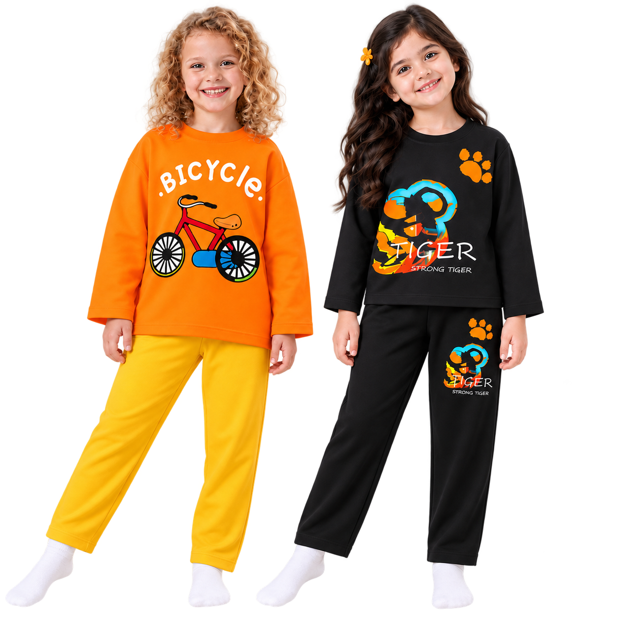 Googo Gaaga Girls Bicycle & Tiger Printed Full Sleeve T-Shirt and Pyjama Co-Ord Sets – Pack of 2 (Orange Yellow & Black)