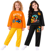 Googo Gaaga Girls Bicycle & Tiger Printed Full Sleeve T-Shirt and Pyjama Co-Ord Sets – Pack of 2 (Orange Yellow & Black)
