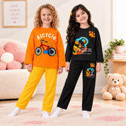 Googo Gaaga Girls Bicycle & Tiger Printed Full Sleeve T-Shirt and Pyjama Co-Ord Sets – Pack of 2 (Orange Yellow & Black)