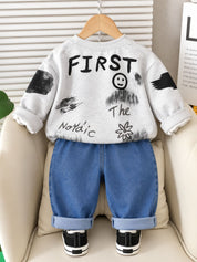 Googo Gaaga Boys Grey Spider Graphic Sweatshirt with Blue Denim Jeans Set