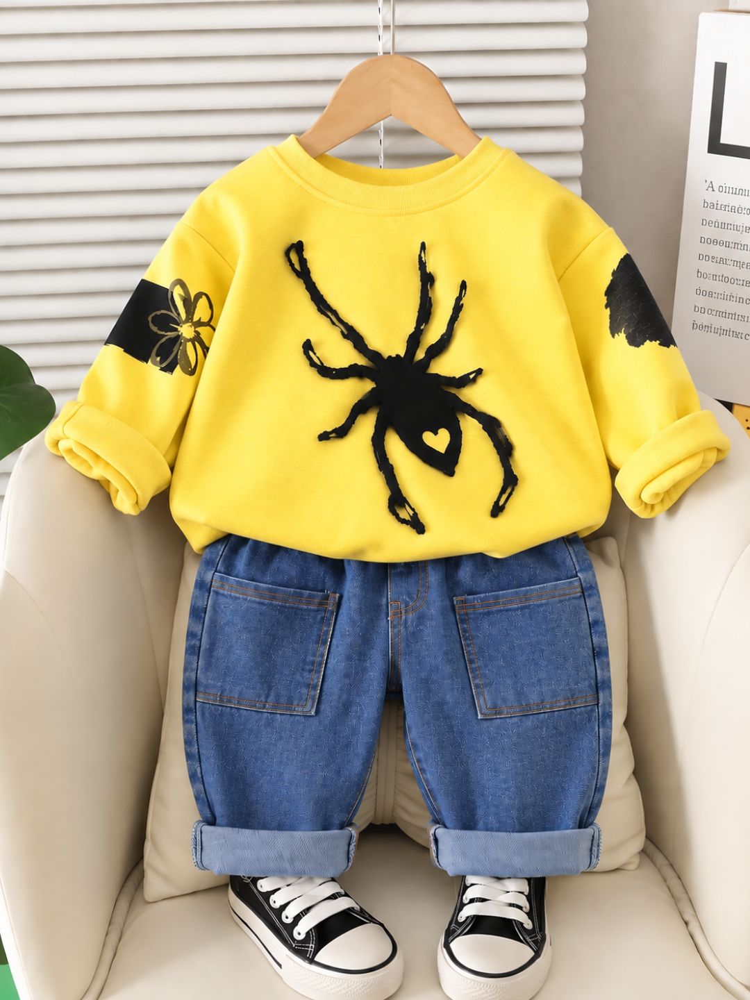 Googo Gaaga Boys Yellow Spider Graphic Sweatshirt with Blue Denim Jeans Set