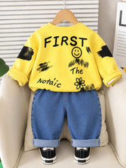 Googo Gaaga Boys Yellow Spider Graphic Sweatshirt with Blue Denim Jeans Set