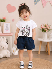 Googo Gaaga Girls Cotton Rabbit Printed T-Shirt & Shorts Set - White