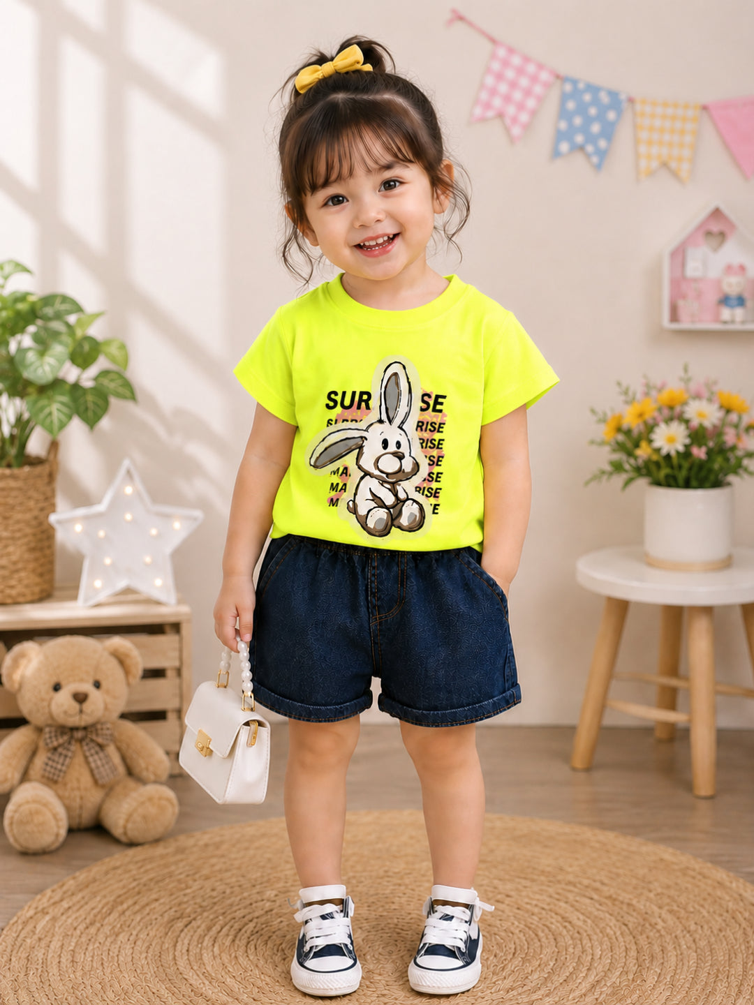Googo Gaaga Girls Cotton Rabbit Printed T-Shirt & Shorts Set - Yellow