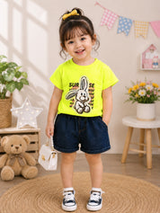 Googo Gaaga Girls Cotton Rabbit Printed T-Shirt & Shorts Set - Yellow