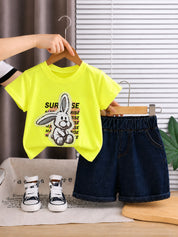 Googo Gaaga Girls Cotton Rabbit Printed T-Shirt & Shorts Set - Yellow