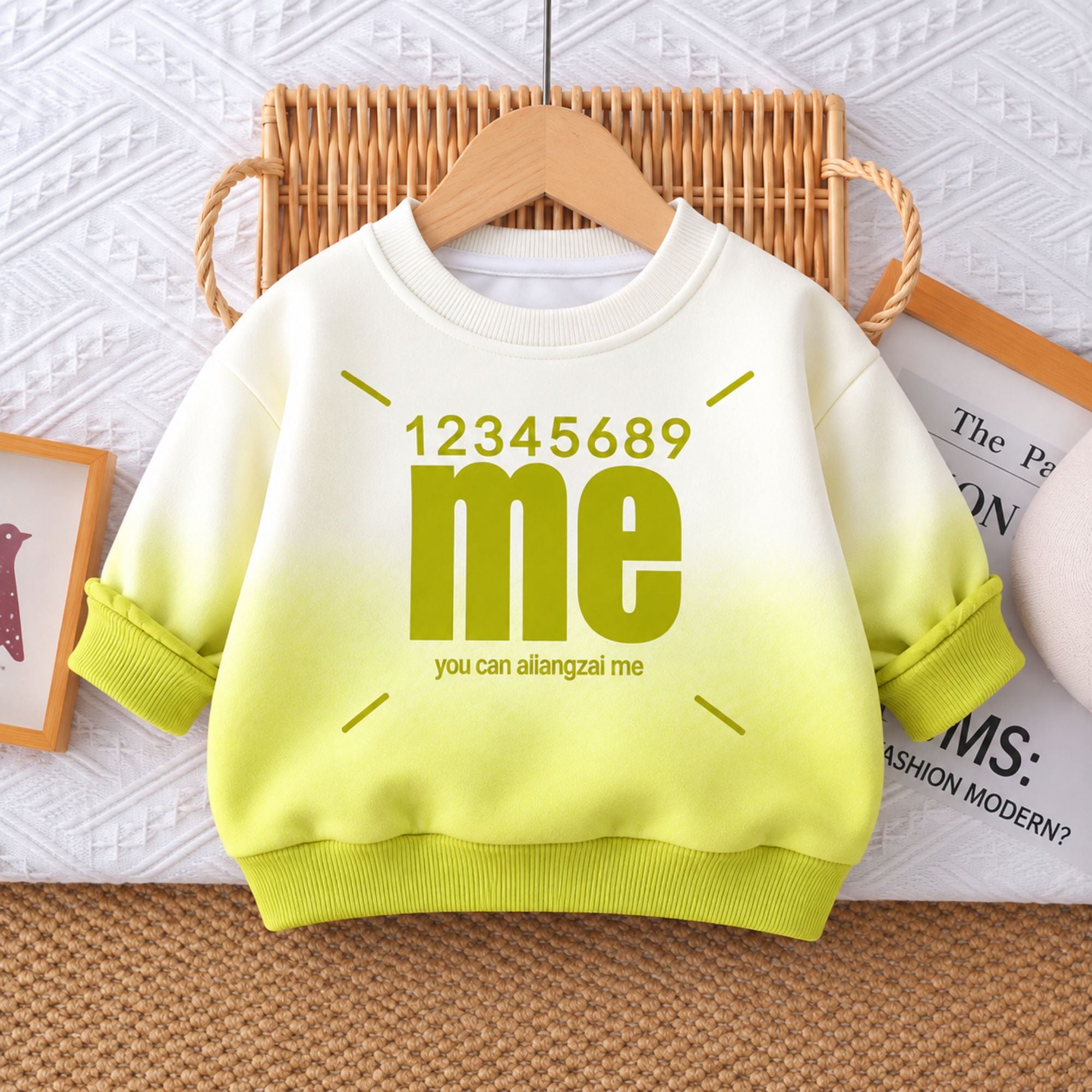 Googo Gaaga Girls Off-White and Neon Green Ombre Typography Me Text Printed Full-Sleeve Sweatshirt