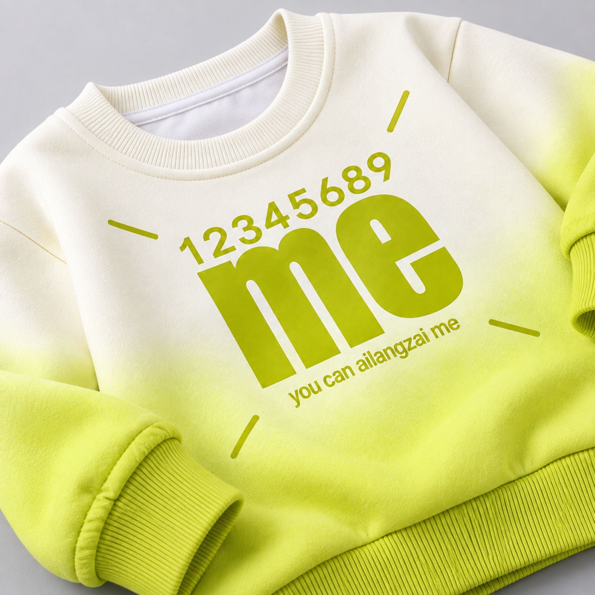 Googo Gaaga Girls Off-White and Neon Green Ombre Typography Me Text Printed Full-Sleeve Sweatshirt