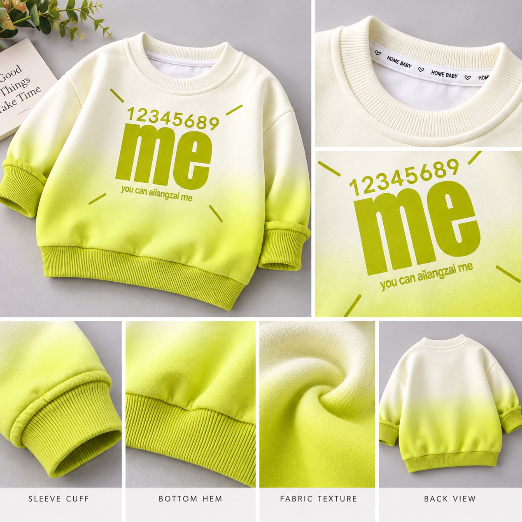Googo Gaaga Girls Off-White and Neon Green Ombre Typography Me Text Printed Full-Sleeve Sweatshirt