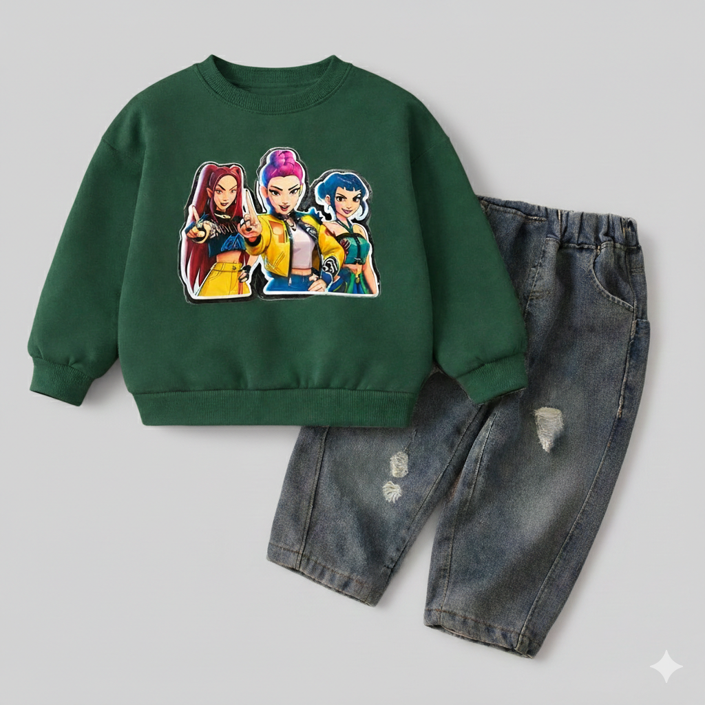 Girl's Cotton Nova Printed Sweatshirt With Jeans Set - Green