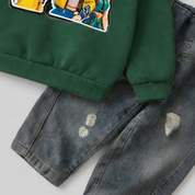 Girl's Cotton Nova Printed Sweatshirt With Jeans Set - Green