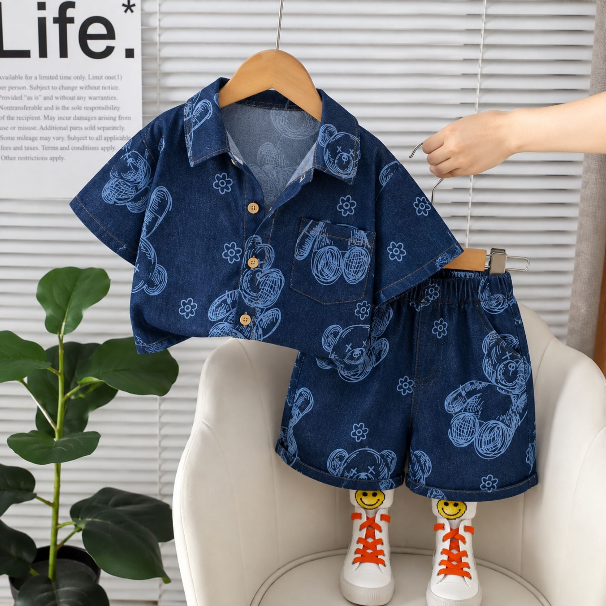 Googo Gaaga Girls Navy Blue Teddy Bear Printed Shirt and Shorts Set