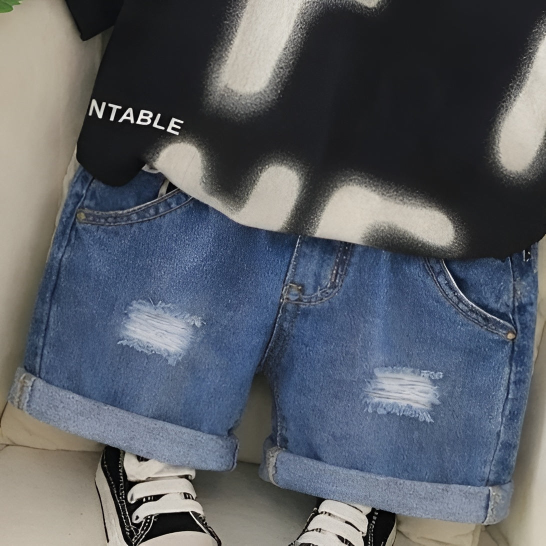 Boy's Cotton Text Print T-Shirt & Shorts Set - Black