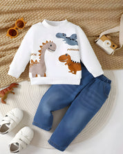 Boy's Light Winter Cotton Triple Dino Printed Sweatshirt With Jeans Set - White