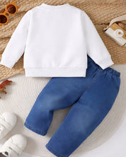 Boy's Light Winter Cotton Triple Dino Printed Sweatshirt With Jeans Set - White