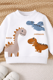 Boy's Light Winter Cotton Triple Dino Printed Sweatshirt With Jeans Set - White