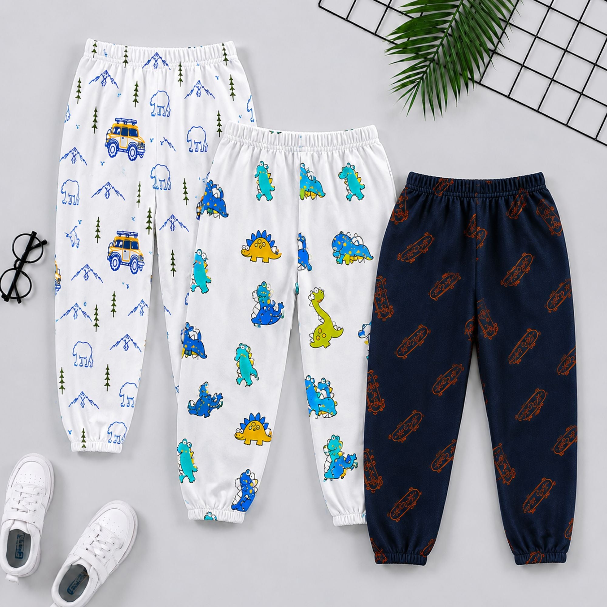 Googo Gaaga Kids Adventure, Dinosaur & Skateboard Printed Cotton Joggers – Pack of 3