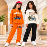 Googo Gaaga Girls Bicycle & Adventure Printed Full Sleeve Sweatshirt and Joggers Co-Ord Set – Pack of 2 (Orange & Cream Black)