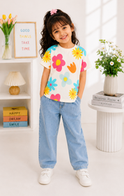 Googo Gaaga GIrls Flowers Printed T-shirt - White