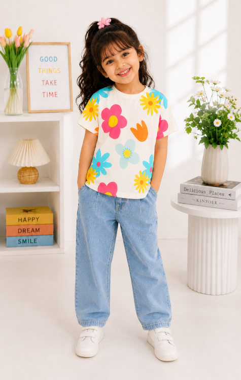 Googo Gaaga GIrls Flowers Printed T-shirt - White