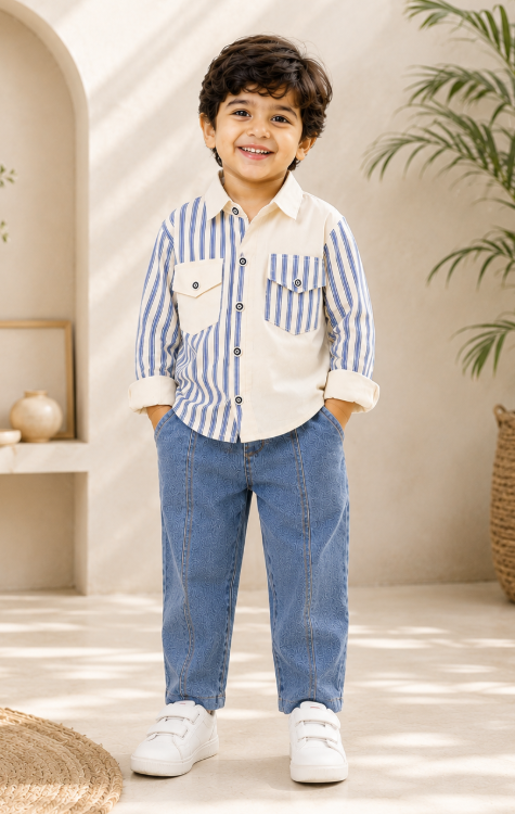 Boys Woven Stripes Printed Collared Neck Full Sleeves Shirt and Denim Pant Set - Cream