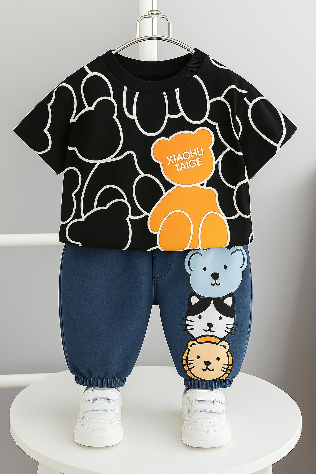 Boy's Cotton Teddy Printed Tshirt with Pant in Black