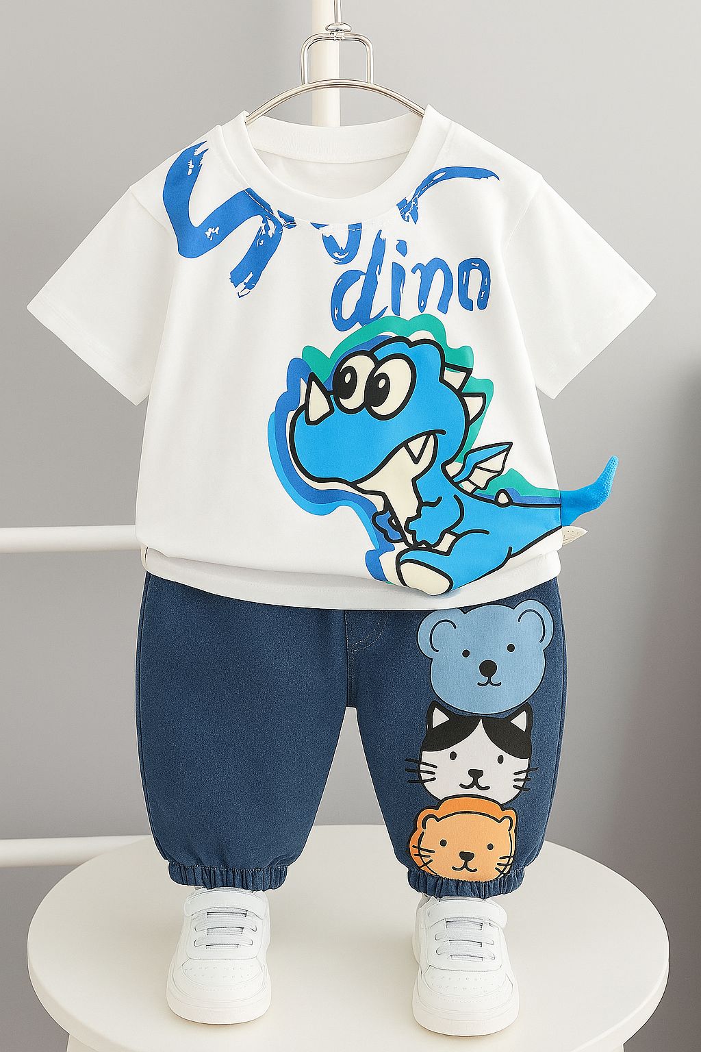 Boy's Cotton Dino Printed Tshirt with Pant in White