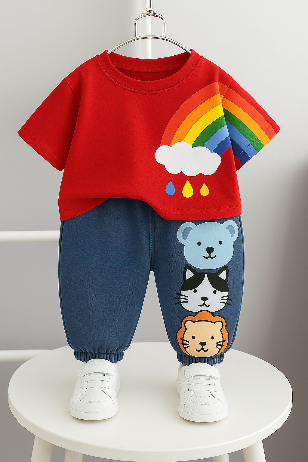 Boy's Cotton Rainbow Printed Tshirt with Pant in Red