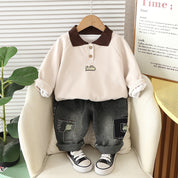 Boys Collar Cream Smile sweatshirt & Denim Pant