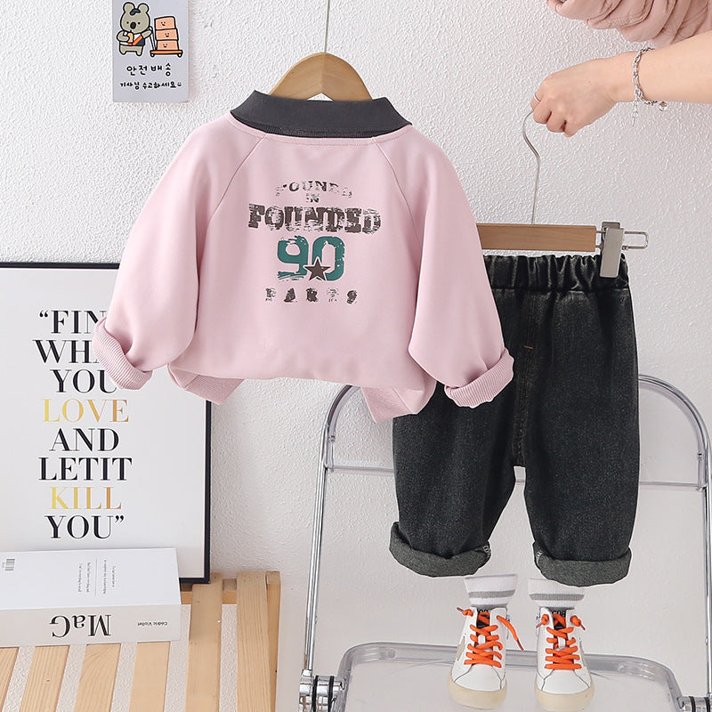 Boys Collar Pink Smile sweatshirt & Denim Pant