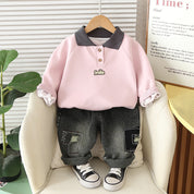Boys Collar Pink Smile sweatshirt & Denim Pant