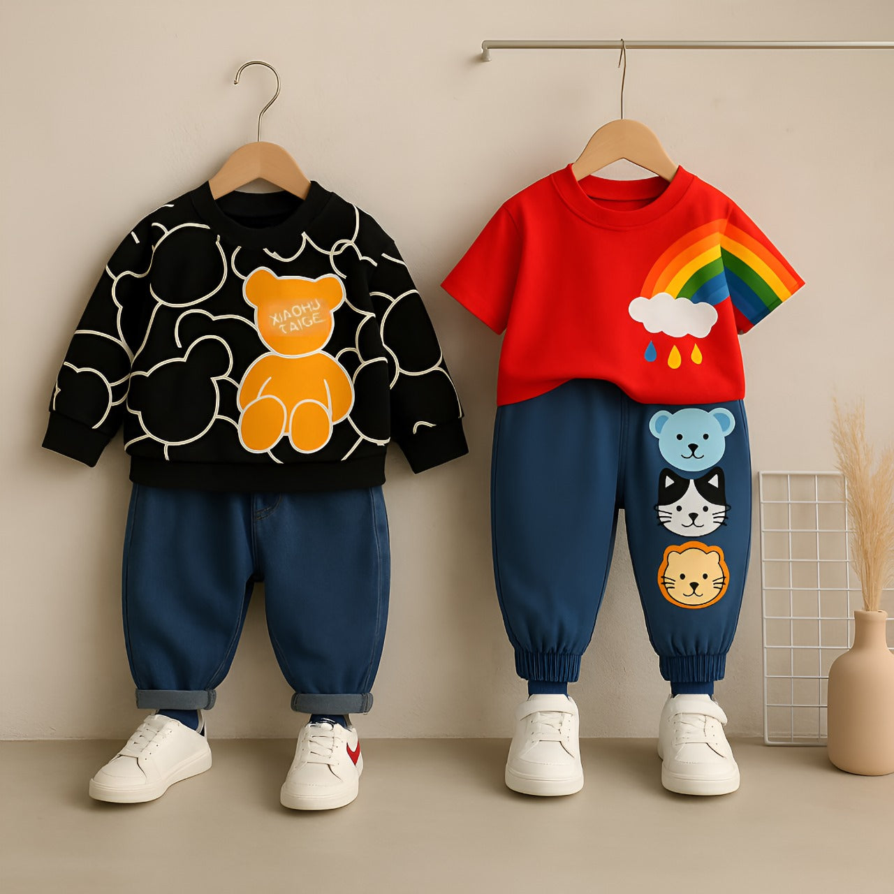 Boys Cotton Knit Full Sleeves Sweatshirt, Tshirt With Pant Pack of 2 - Black & Red